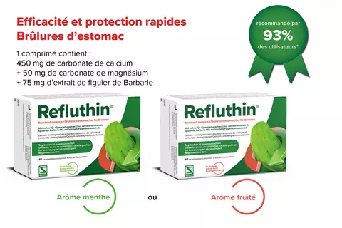 1 comprimé de Refluthin contient 450 mg carbonate de calcium + 50 mg de carbonate de magnésium + 75 mg d'extrait de figuier de Barbarie