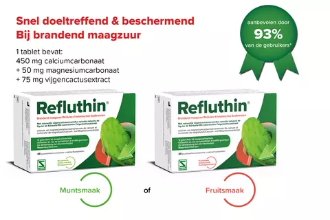 1 kauwtablet Refluthin bevat 450 mg calciumcarbonaat + 50 mg magnesiumcarbonaat + 75 mg vijgencactusextract